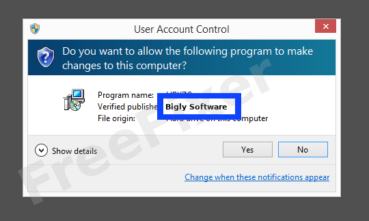 Screenshot where Bigly Software appears as the verified publisher in the UAC dialog